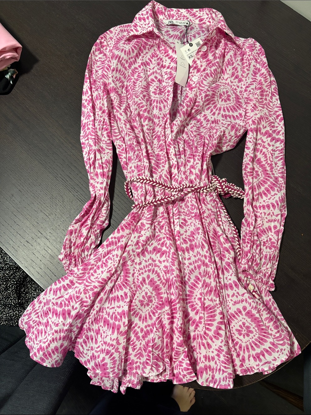 Zara Pink White Printed Shirtdress with Rope Belt